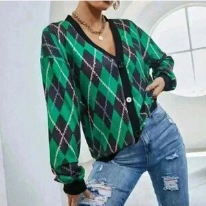 Argyle print button down drop Shoulder Cardigan